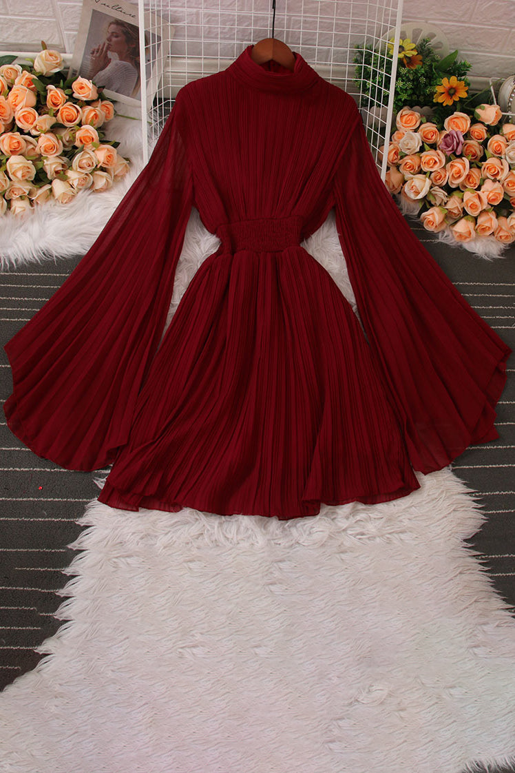 High Neck Long Sleeve Pleated Mini Dress