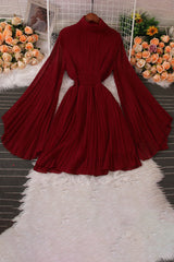 High Neck Long Sleeve Pleated Mini Dress