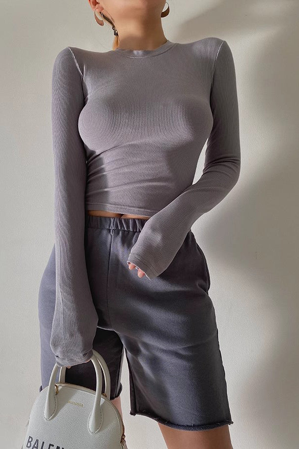 Crew Neck Ribbed Tops Fitted Basic Shirt