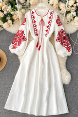 Boho Embroidery Long Sleeve Ruffle Maxi Dress