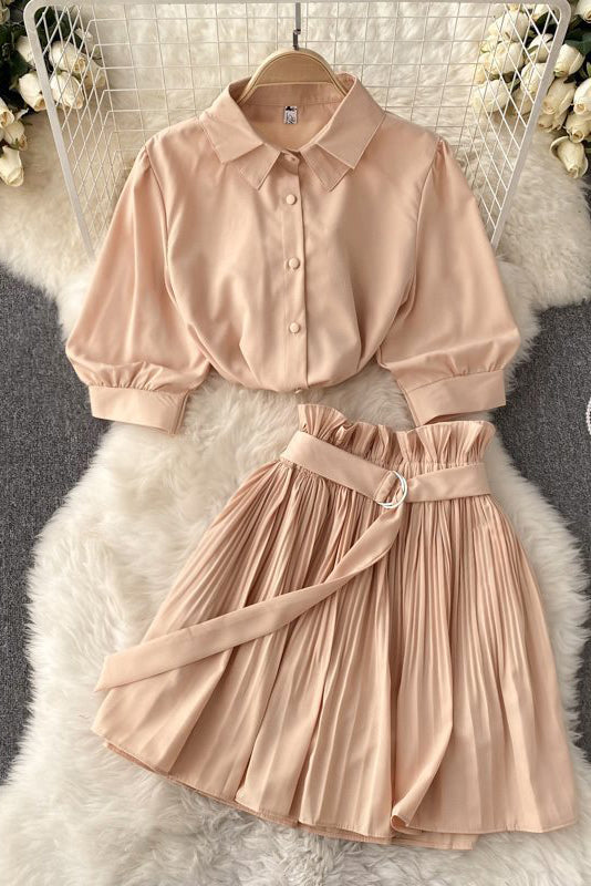 Short Sleeve Shirt Tops Pleated Skirt Set Two-Piece