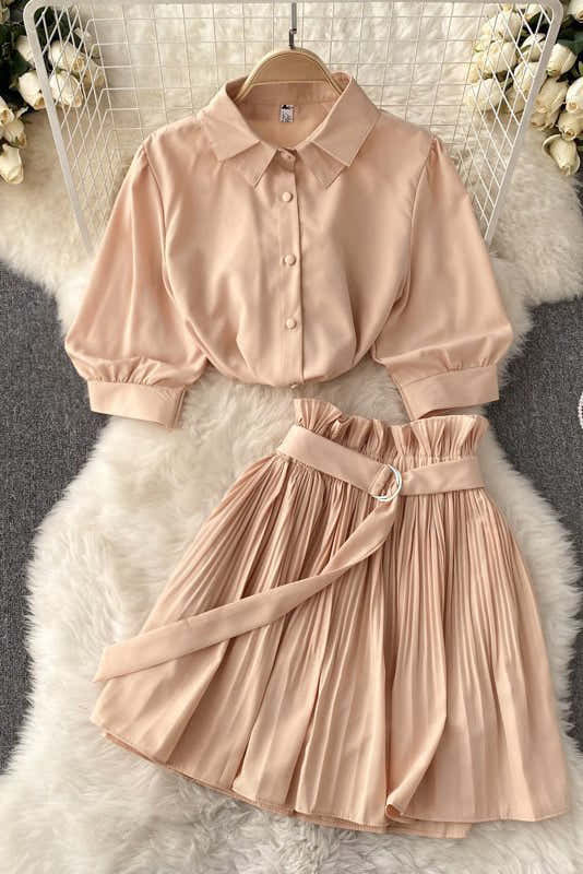Short Sleeve Shirt Tops Pleated Skirt Set Two-Piece