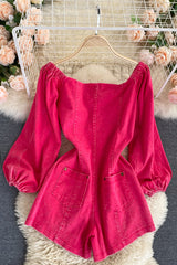 Long Sleeve Denim Romper Jumpsuit
