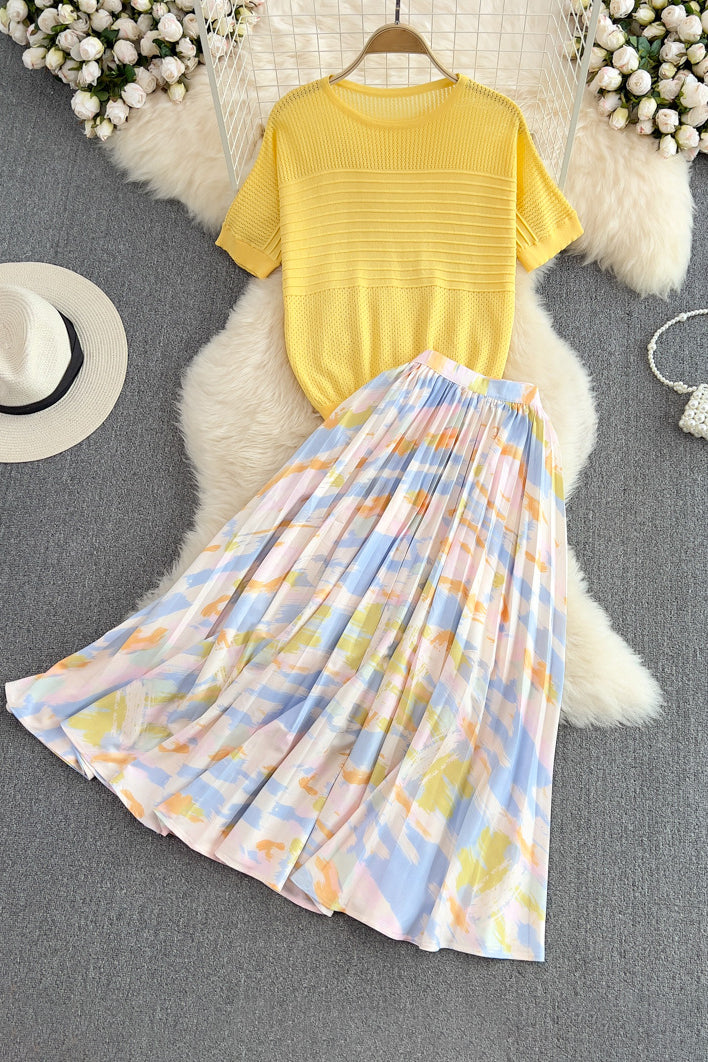Hollow Knit Tops Pleated Skirt Set Two-Piece