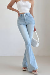 Retro High Waist Tight Buttons Flared Jeans