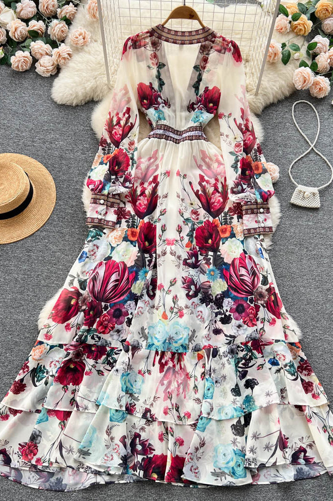 Chiffon Print V-Neck Long Sleeve Dress