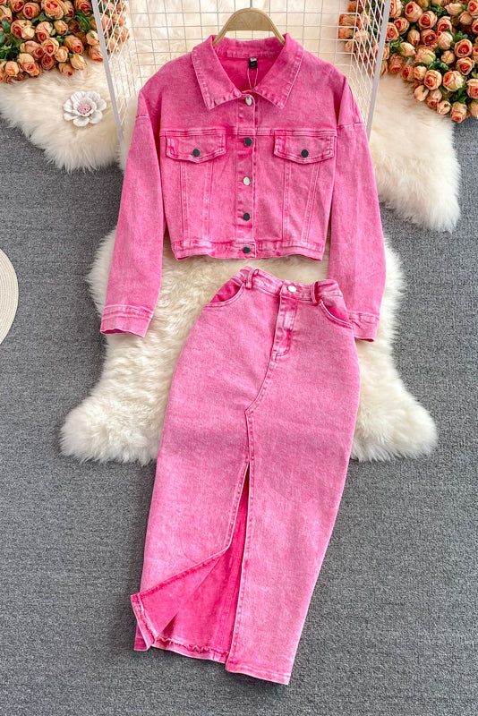 Denim Cardigan Jacket Coat Skirt Set Two-Piece