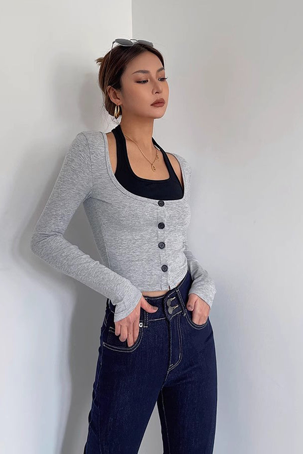 Long Sleeve Fake Two Tank Tops Fitted Basic Cami Tee Shirts