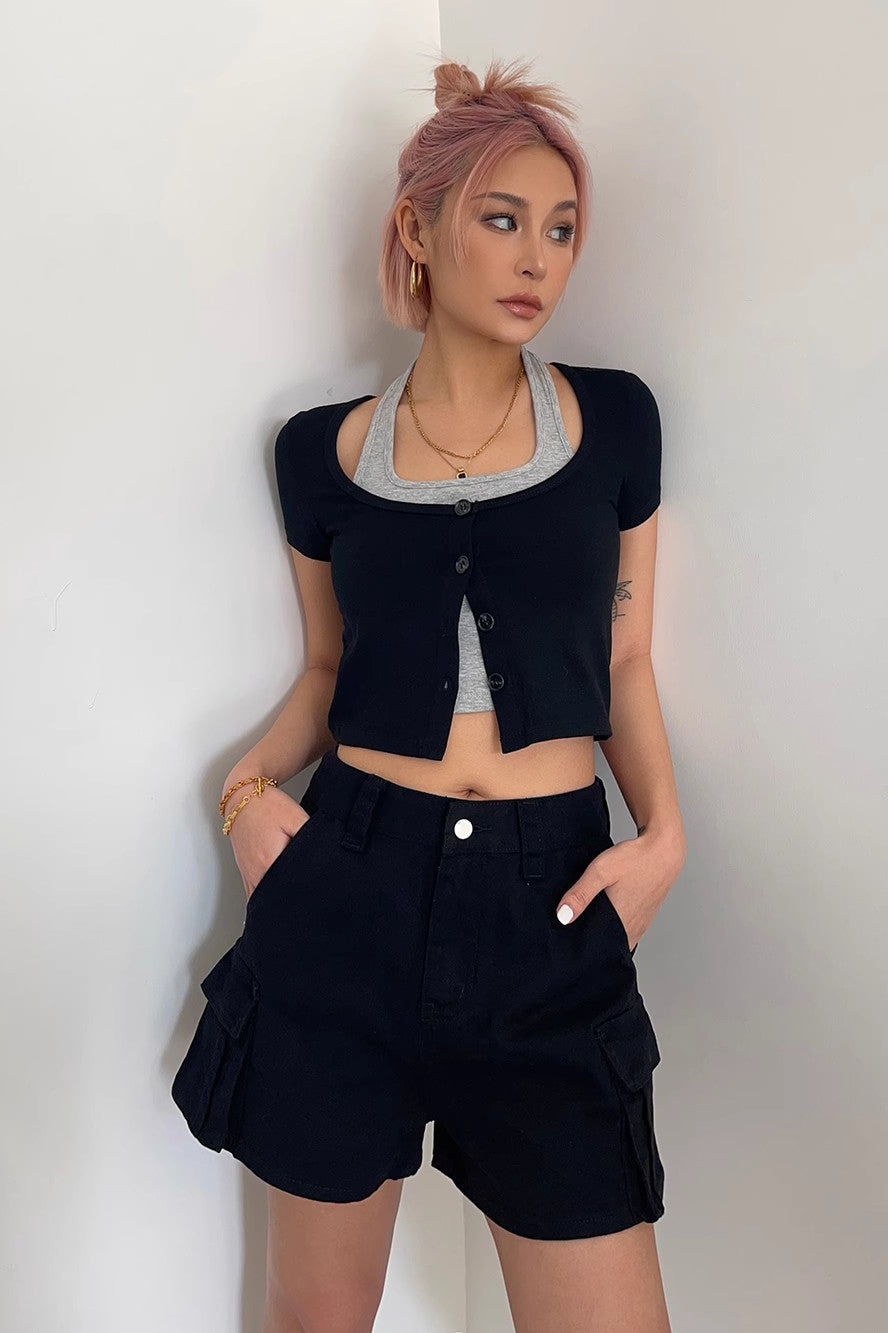Contrast Buttoned Front Fake Two Tops Shirt