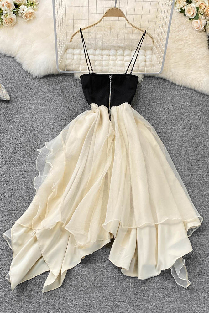 Off Shoulder Strap Zip Irregular Maxi Dress