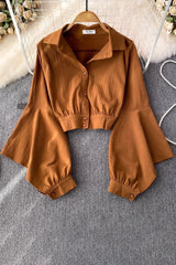 Long Sleeve Buttons Crop Shirt Top
