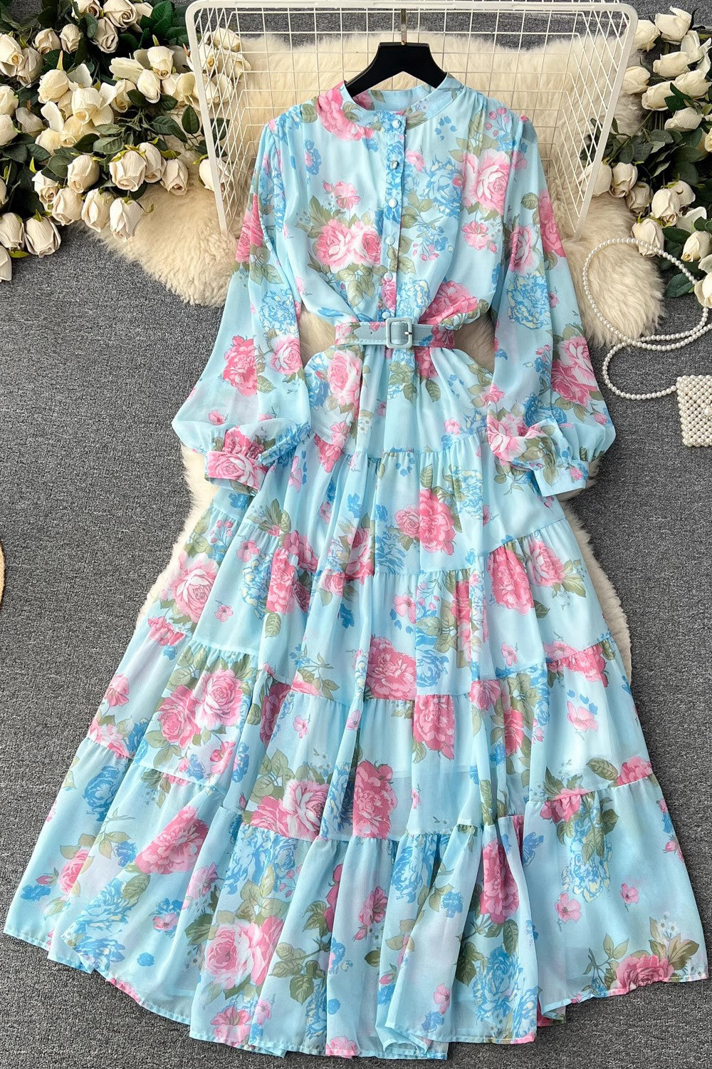 Chiffon Long Sleeve Floral Maxi Dress