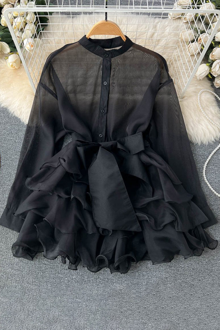 Lace Bow Strappy Long Sleeve Mini Dress