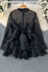 Lace Bow Strappy Long Sleeve Mini Dress