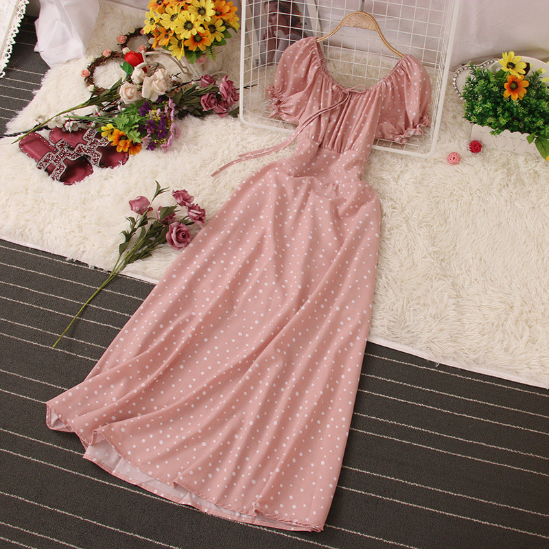 Short Sleeve Ruffle Polka Dots Maxi Dress