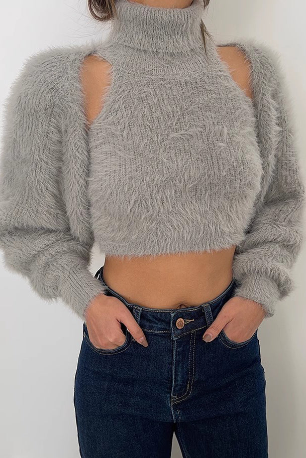 Rib-knit Shawl Jacet & Mock Neck Vest Two Piece Set
