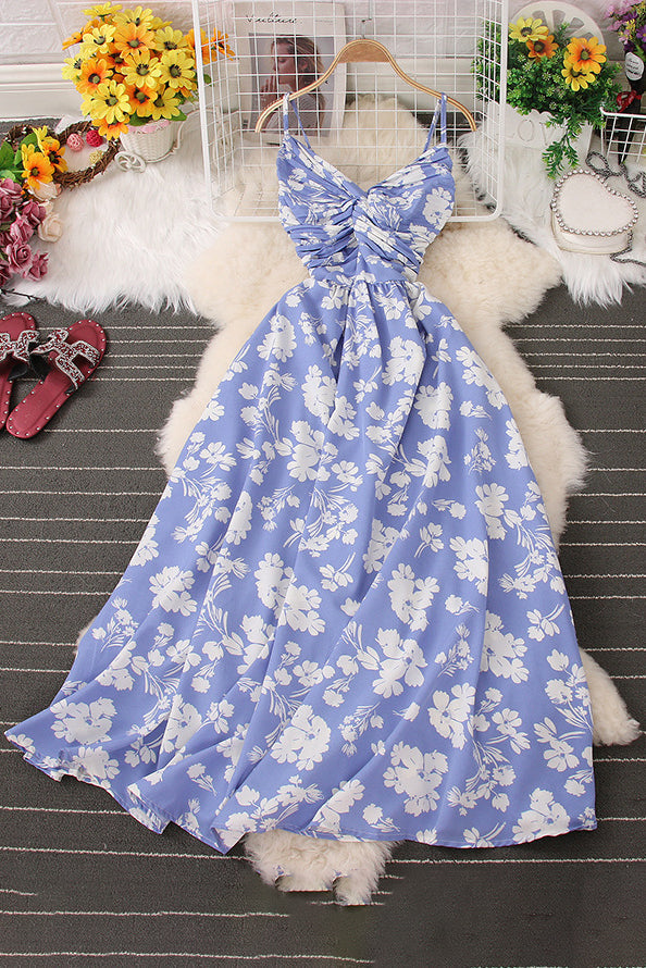Floral Strap Sleeveless Ruffle Maxi Dress