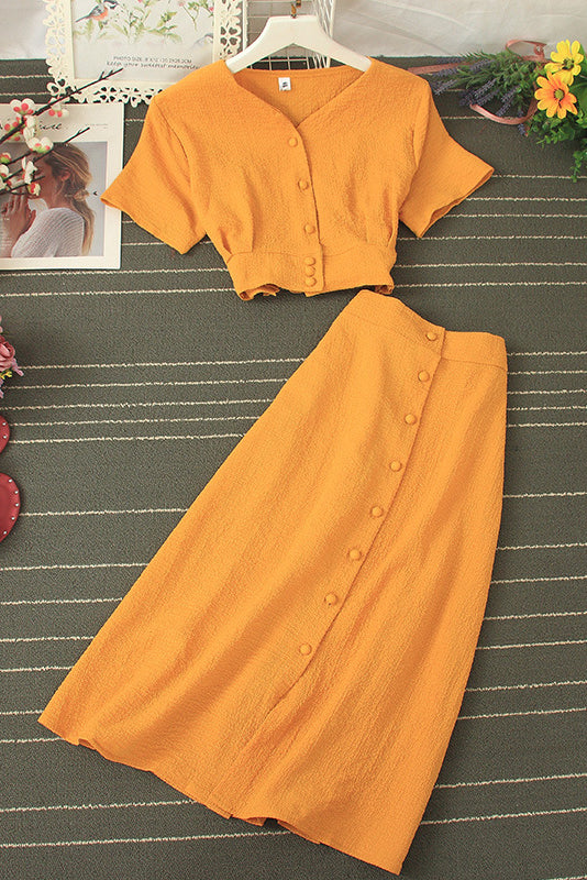 Short Sleeve Buttons Crop Tops Skirt Set Two-Piece