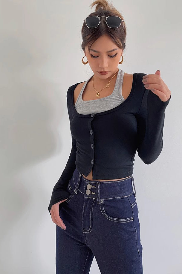 Long Sleeve Fake Two Tank Tops Fitted Basic Cami Tee Shirts
