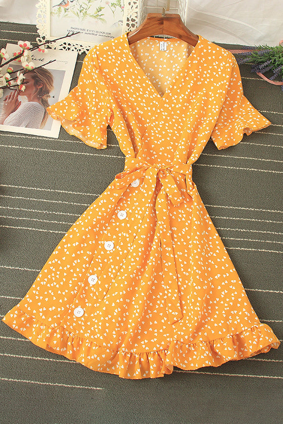 V-Neck Lace Short Sleeve Buttons Strappy Mini Dress