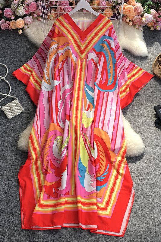 Boho V-Neck Short Sleeve Print Maxi Dress