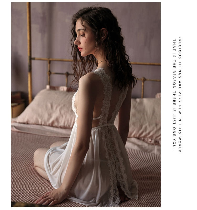 V-Neck Sleepwear Casual Backless Lace Pajama With Thong