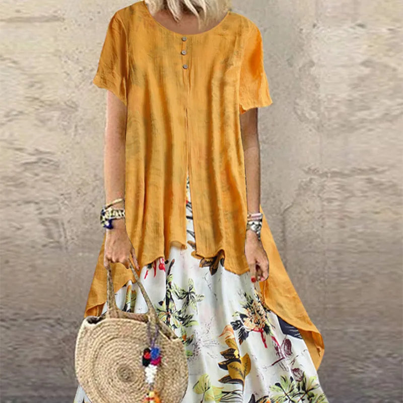 Fake Two-Piece Printed Linen Midi Dress