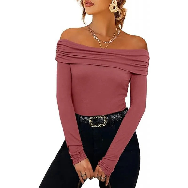 Off Shoulder Long Sleeve Slim Fit Solid Pullover Top