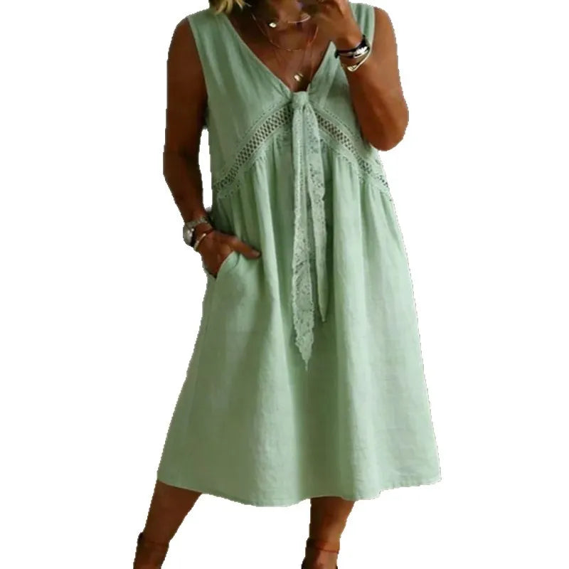V-Neck Lace Splicing Sleeveless Loose A-Line Cotton Linen Midi Dress