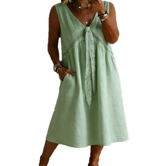 V-Neck Lace Splicing Sleeveless Loose A-Line Cotton Linen Midi Dress