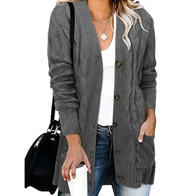 Casual Long Sleeve Cable Knit Cardigan Ladies Mid Length Open Front Button Sweater Jacket