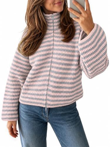 Striped Half Zip Turtleneck Knit Sweater Long Sleeve Cropped Ribbed Pullover