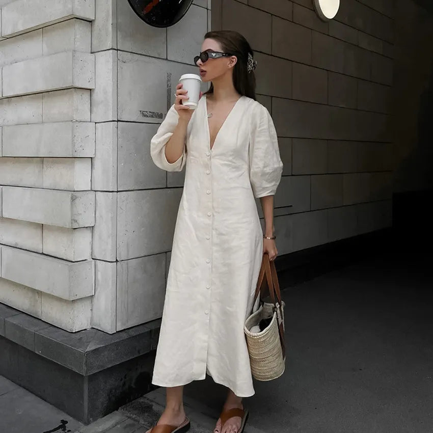 Solid V-Neck Bubble 3/4 Sleeve Single Breasted Back Tie A-Line Cotton Linen Maxi Dress