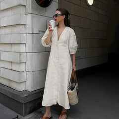 Solid V-Neck Bubble 3/4 Sleeve Single Breasted Back Tie A-Line Cotton Linen Maxi Dress