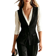 Black Fitted Blazer Vest, Sleeveless Notched Lapel Button Waistcoat for Office & Daily