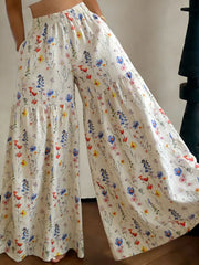 Elastic High Waist Floral Print Ruffle Wide Leg Palazzo Pants