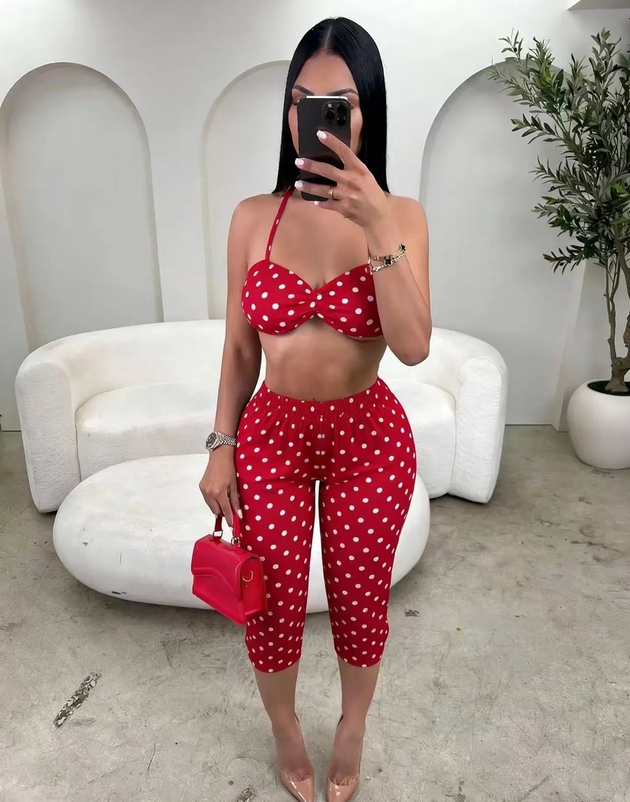 Polka Dot Halter Cutout Crop Top & Capri Pants Two Piece Set