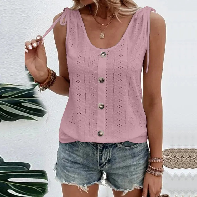 Solid Color Eyelet Embroidered Tie Shoulder Button Down Sleeveless Tank Top
