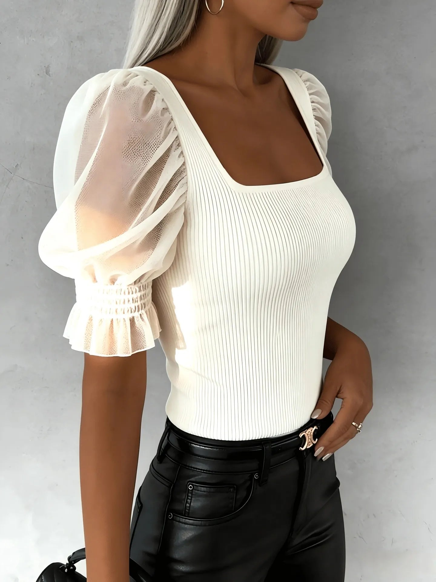 Square Neck Puff Short Sleeve Spliced Slim Knit Top