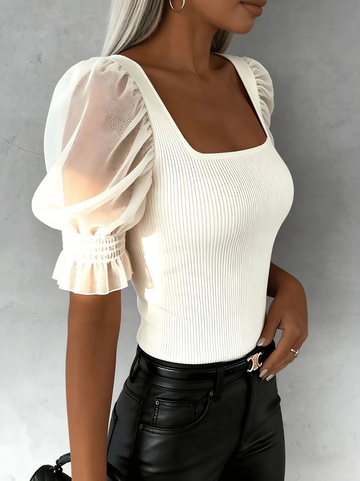 Square Neck Puff Short Sleeve Spliced Slim Knit Top