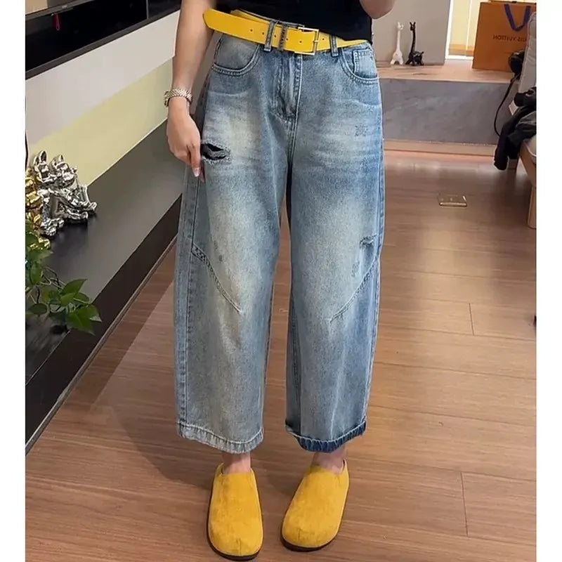 High Waist Ripped Nine Point Wide Leg Jeans