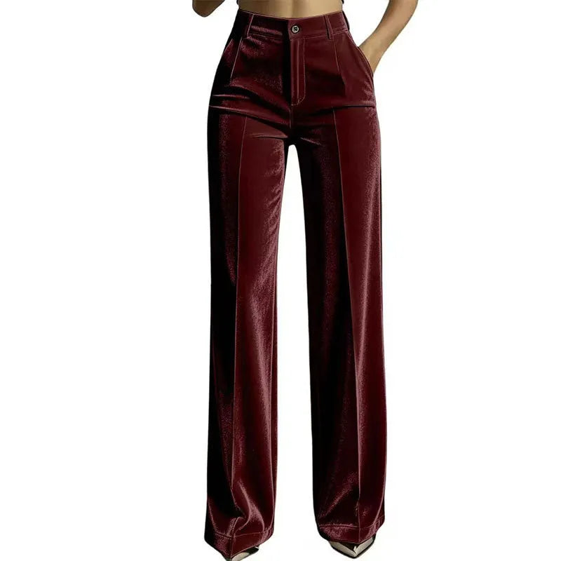 Mid-High Waist Golden Velvet Straight Leg Suit Pants