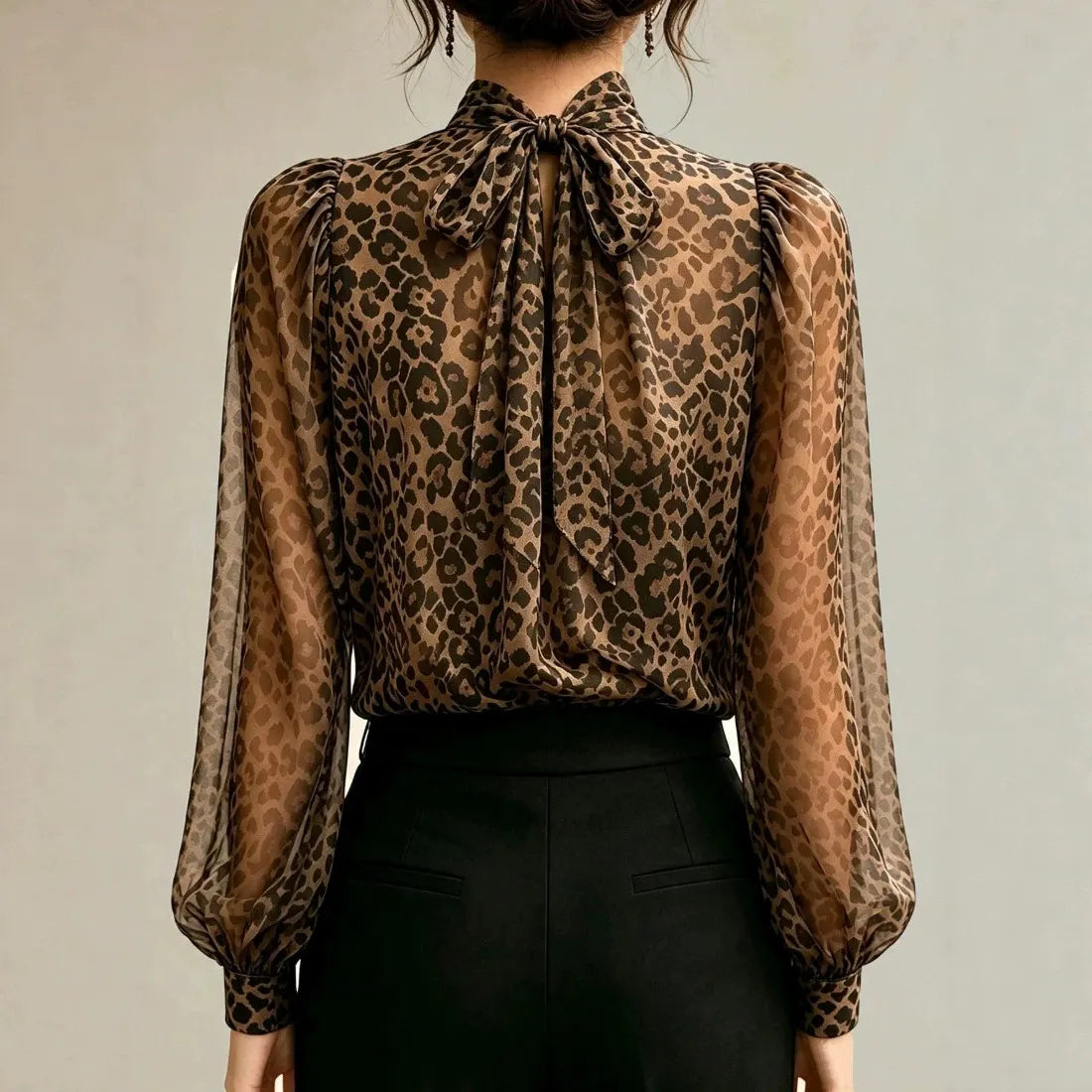 Leopard Print Semi Turtleneck Lantern Long Sleeve Blouse
