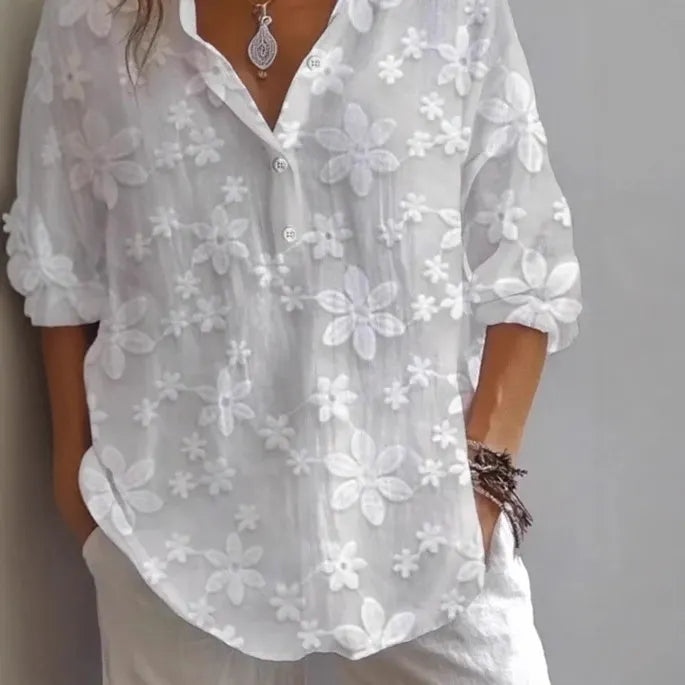 Floral Embroidery Button Down Casual Loose Shirt