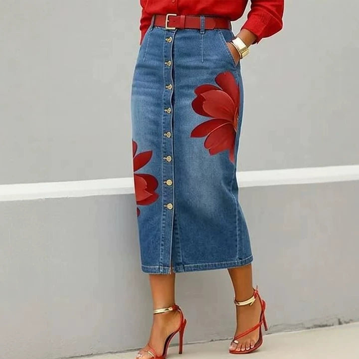 High Waist Red Flower Print Denim Midi Skirt, Button Front Straight Jean Skirt