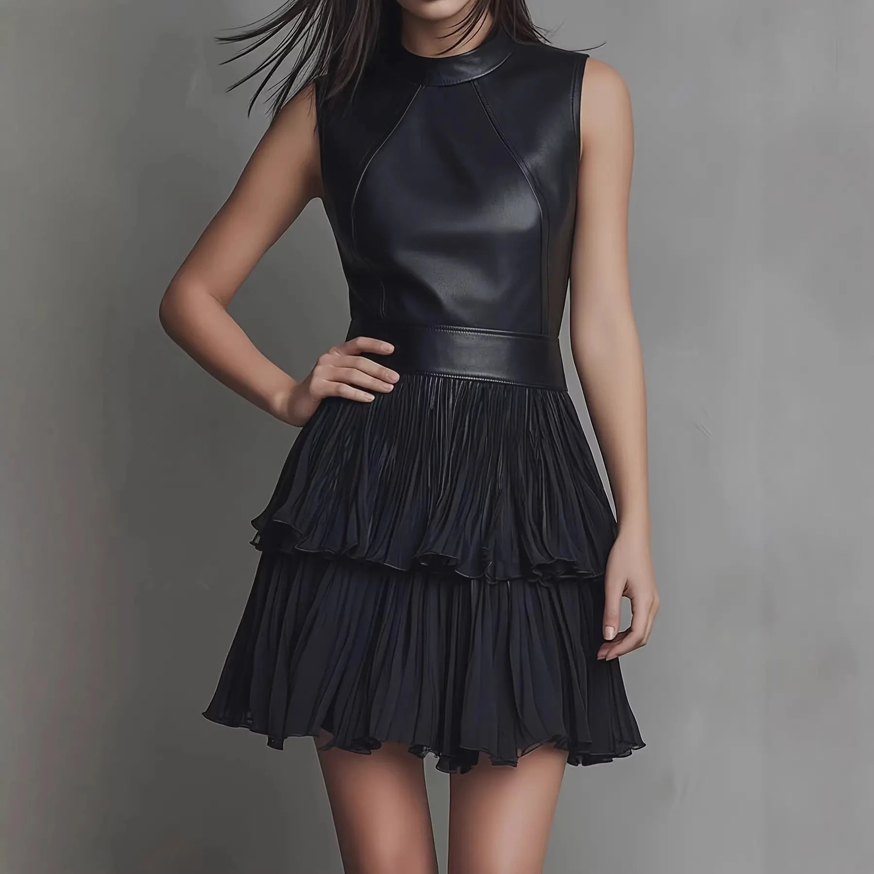 Sleeveless Faux Leather Spliced Tiered Ruffle Mini Dress