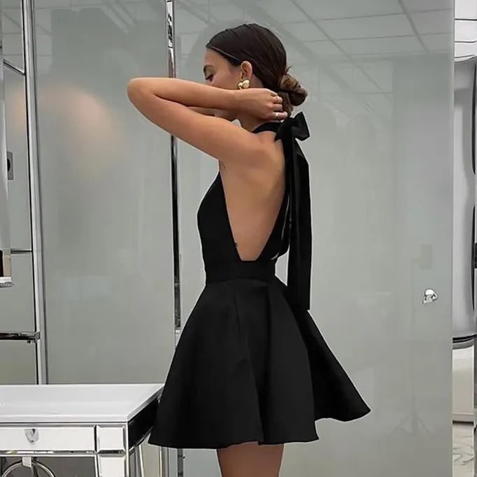 Solid Halter Neck Sleeveless High Waist A-Line Mini Satin Dress