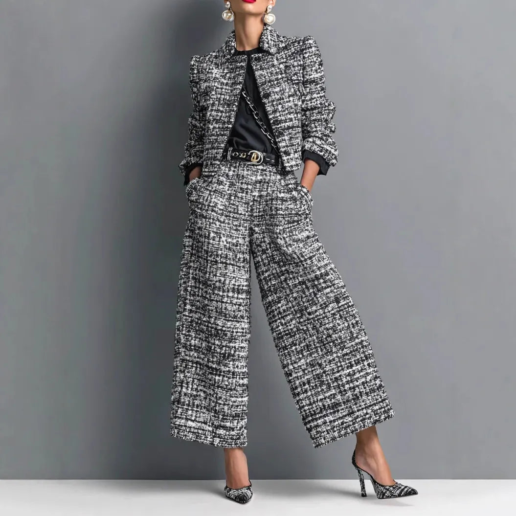 Tweed Cropped Blazer & Wide Leg Pants Two Piece Set