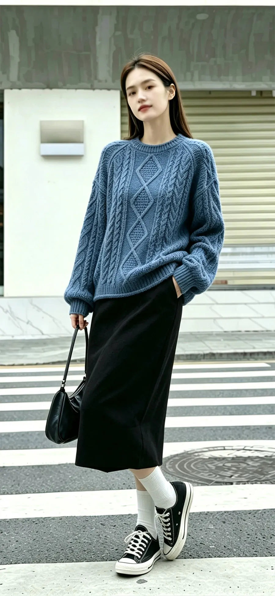 Drop‑Shoulder Geometric Cable Knit Pullover Sweater