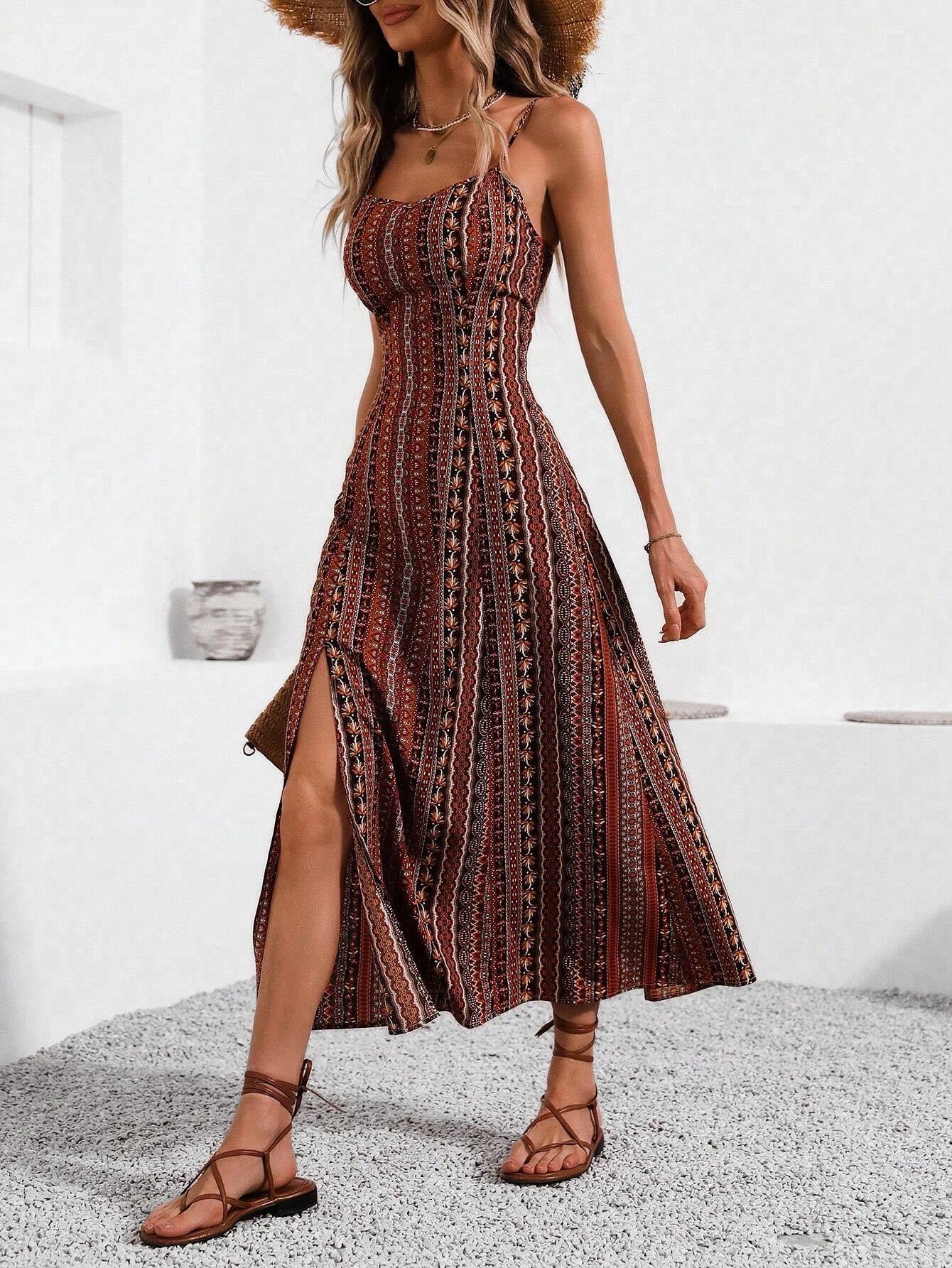 Boho Printed Spaghetti Strap Maxi Dress